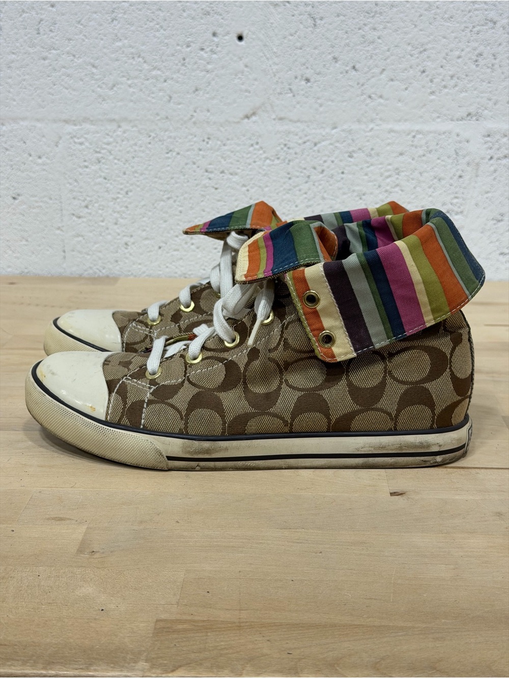 Coach Kids Brown Signature High-Top Sneakers with Rainbow Fold-Over Cuff